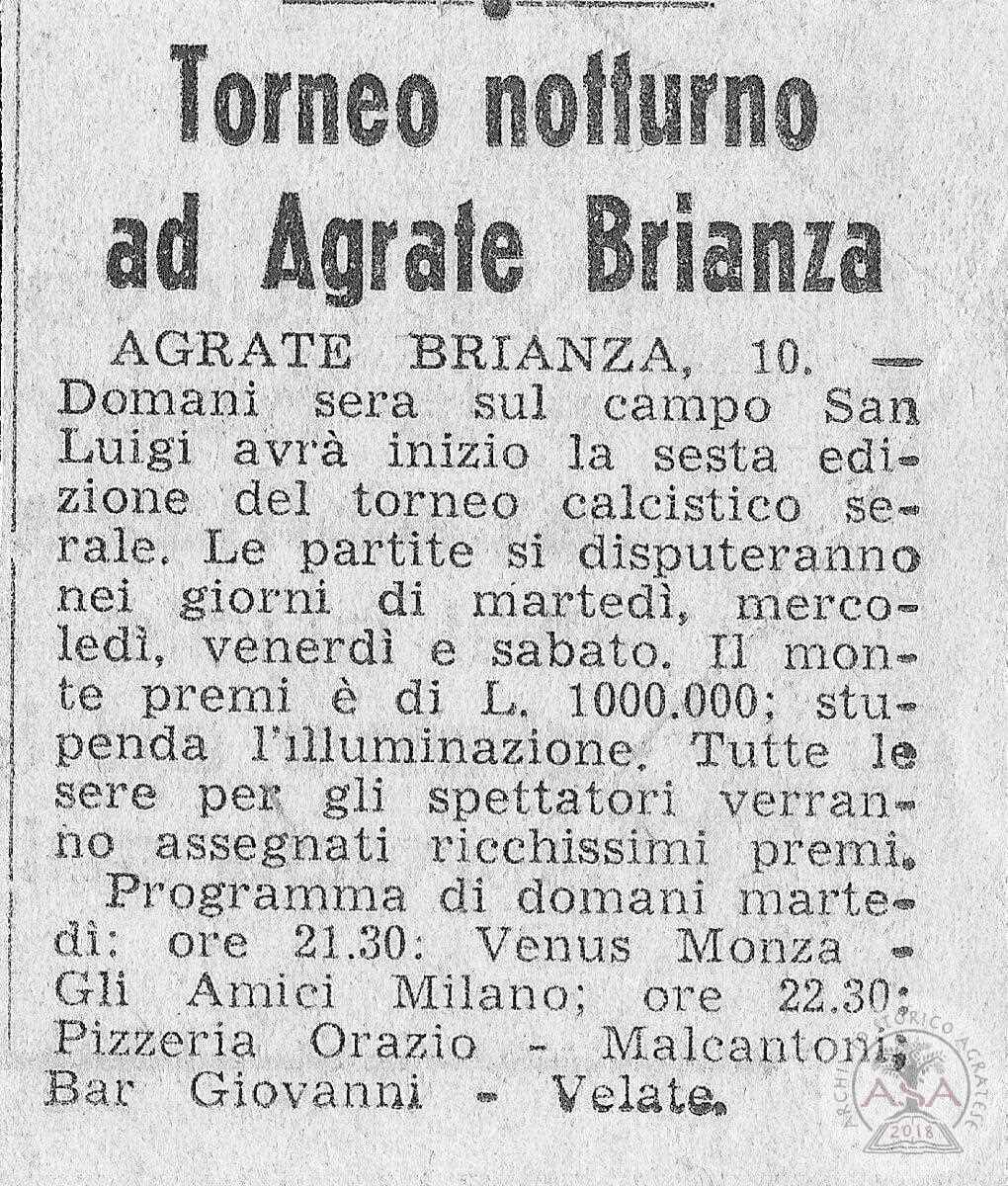 Articolo di giornale torneo serale notturno 1968